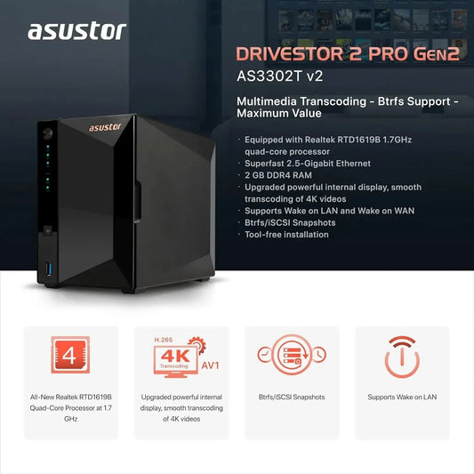 Asustor Drivestor 2 Pro Gen2 AS3302T v2, 2 Bay NAS Storage, 1.7GHz Quad-Core, 2.5GbE Port, 2GB RAM DDR4, Network Attached Storage Device for Home Personal Cloud Storage