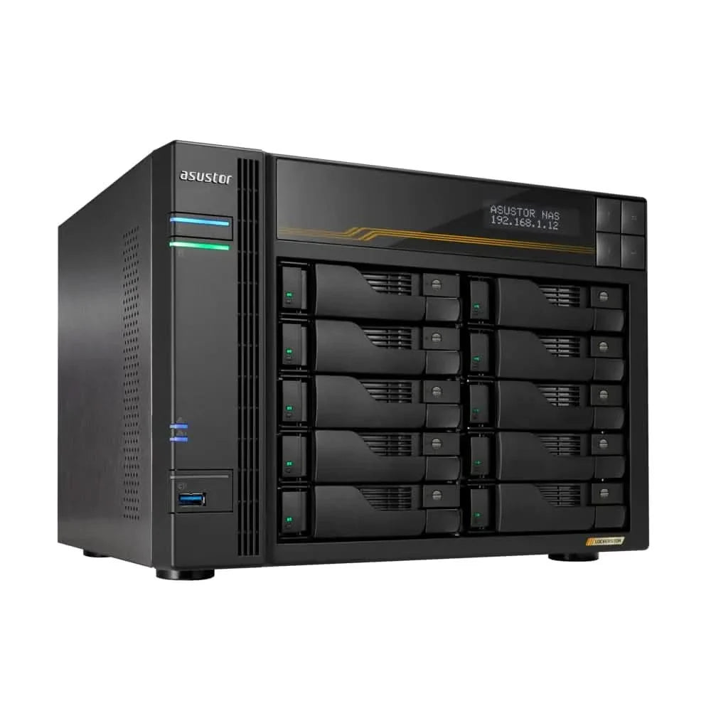 Asustor Lockerstor 10 Gen3 AS6810T 10 Bay NAS, AMD Ryzen Quad-Core 2.3 GHz, 16GB RAM ECC DDR5, 4 M.2 NVMe Slots, Dual 5GbE and Dual 10GbE Port, USB 4.0 Type-C, Network Attached Storage