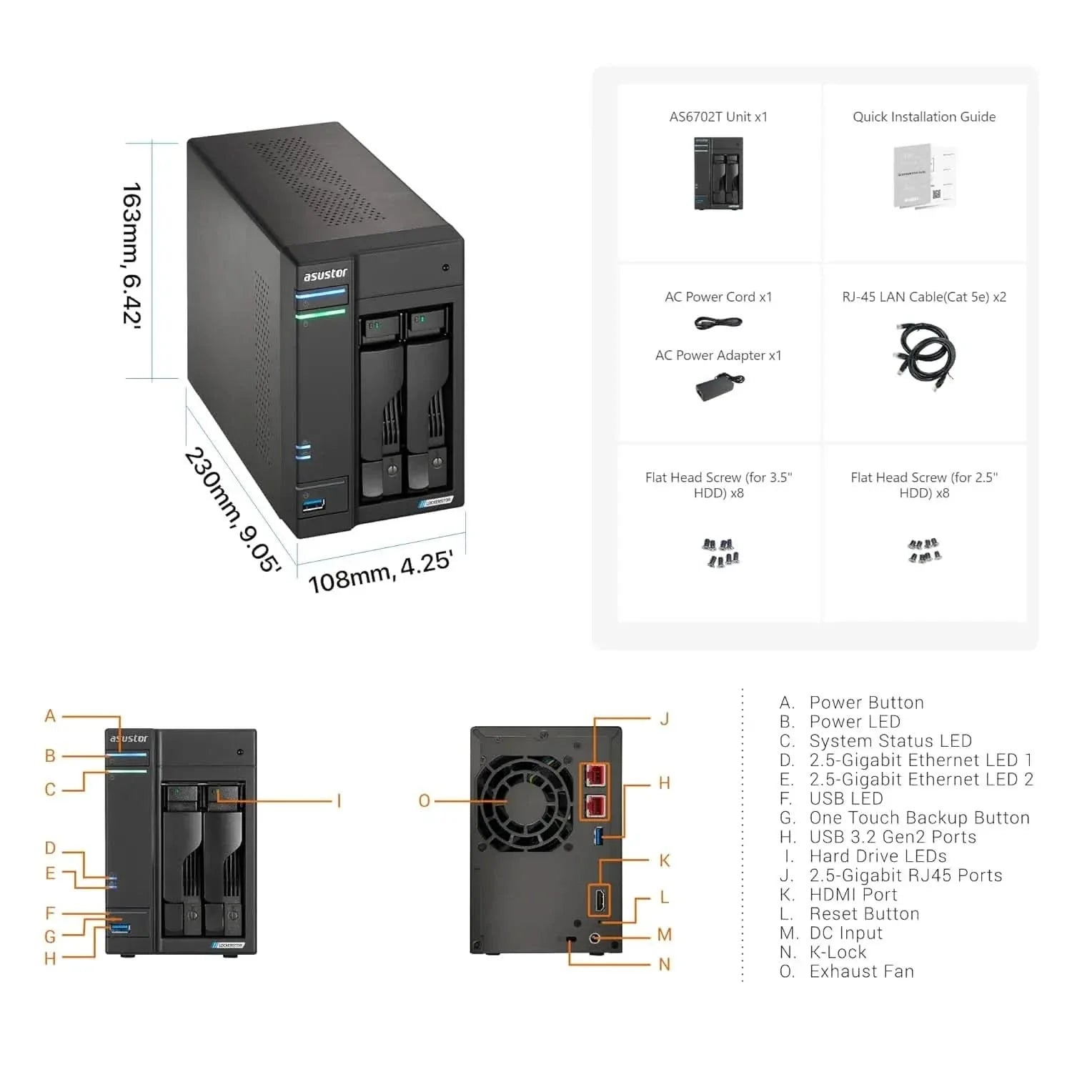 Asustor Lockerstor 2 Gen2 AS6702T - 2 Bay NAS, Intel Quad-Core 2.0 GHz CPU, 4X M.2 NVMe Slots (PCIe 3.0), Windows Dual 2.5GbE, 4GB DDR4 RAM, Network Attached Storage