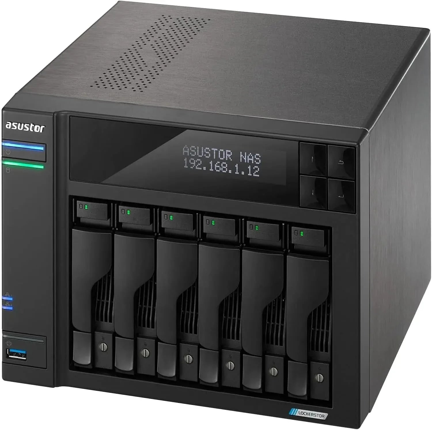 Asustor Lockerstor 6 Gen2+ AS6706T v2 6 Bay NAS Storage, Intel Quad-Core 2.0GHz CPU, Dual 5GbE Ports, 8GB RAM DDR4, 4 M.2 SSD Slots, HDMI, Network Attached Storage