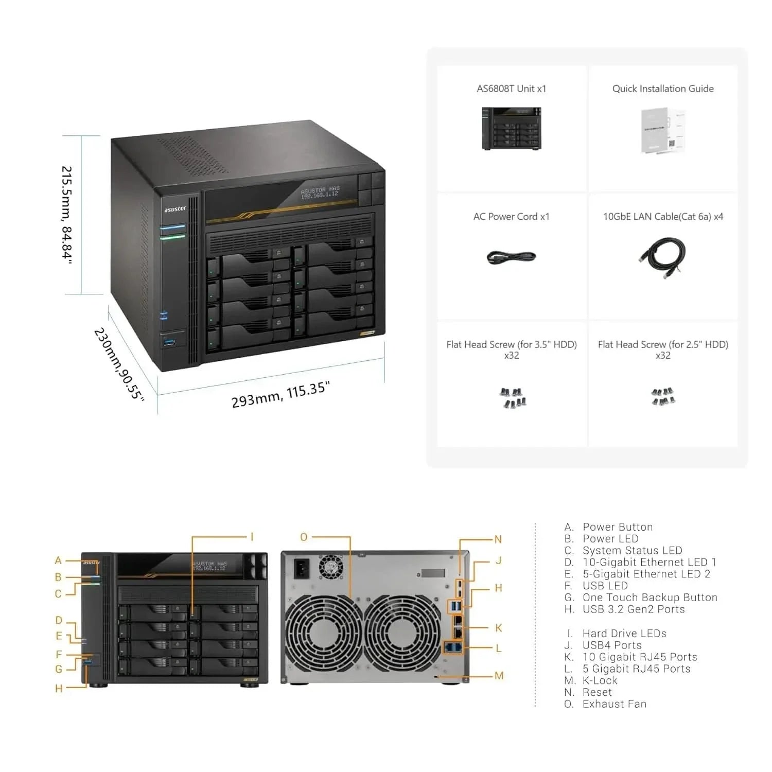 Asustor Lockerstor 8 Gen3 AS6808T 8 Bay NAS, AMD Ryzen Quad-Core 2.3 GHz, 16GB RAM ECC DDR5, 4 M.2 NVMe Slots, Dual 5GbE and Dual 10GbE Port, USB4 Type-C, Network Attached Storage