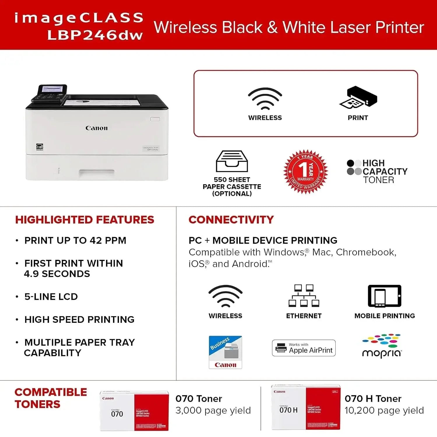Canon imageCLASS LBP246dw - Monochrome Duplex, Wireless Laser Printer, Single Function, Mobile Ready, 42 PPM, White