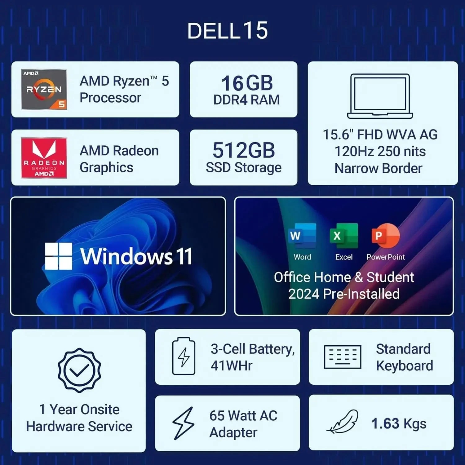 Dell 15, AMD Ryzen 5-7530U, 16GB RAM, 512GB SSD, FHD IPS, 15.6"/39.62cm, Windows 11, MSO 2024, Platinum Silver Laptop