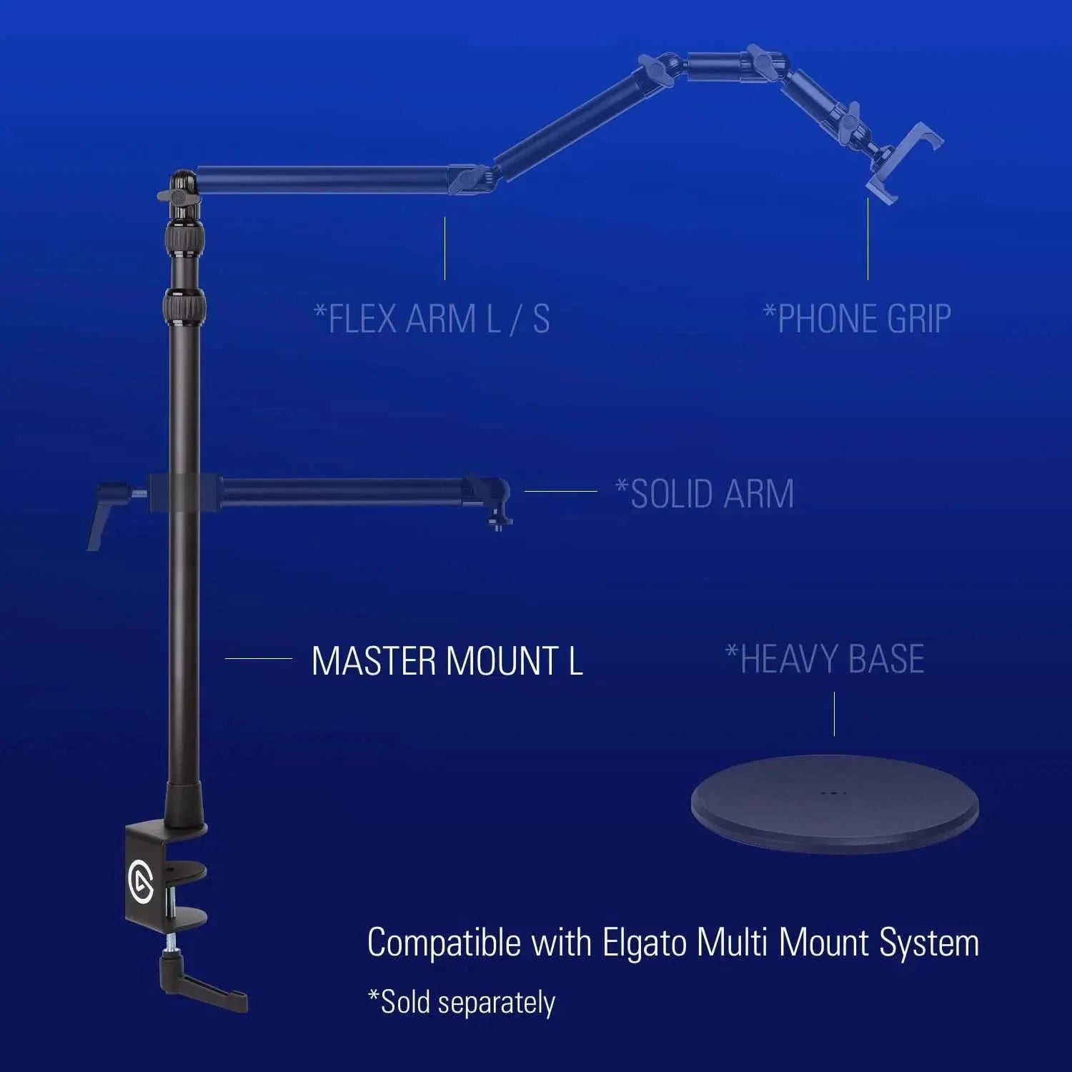 Corsair Elgato Master Mount L - Extendable Up to 125 CM/49 Inches, Center Ball Head, 1/4" Screw, Padded Desk Clamp, Compatible With All Master Mount Accessories