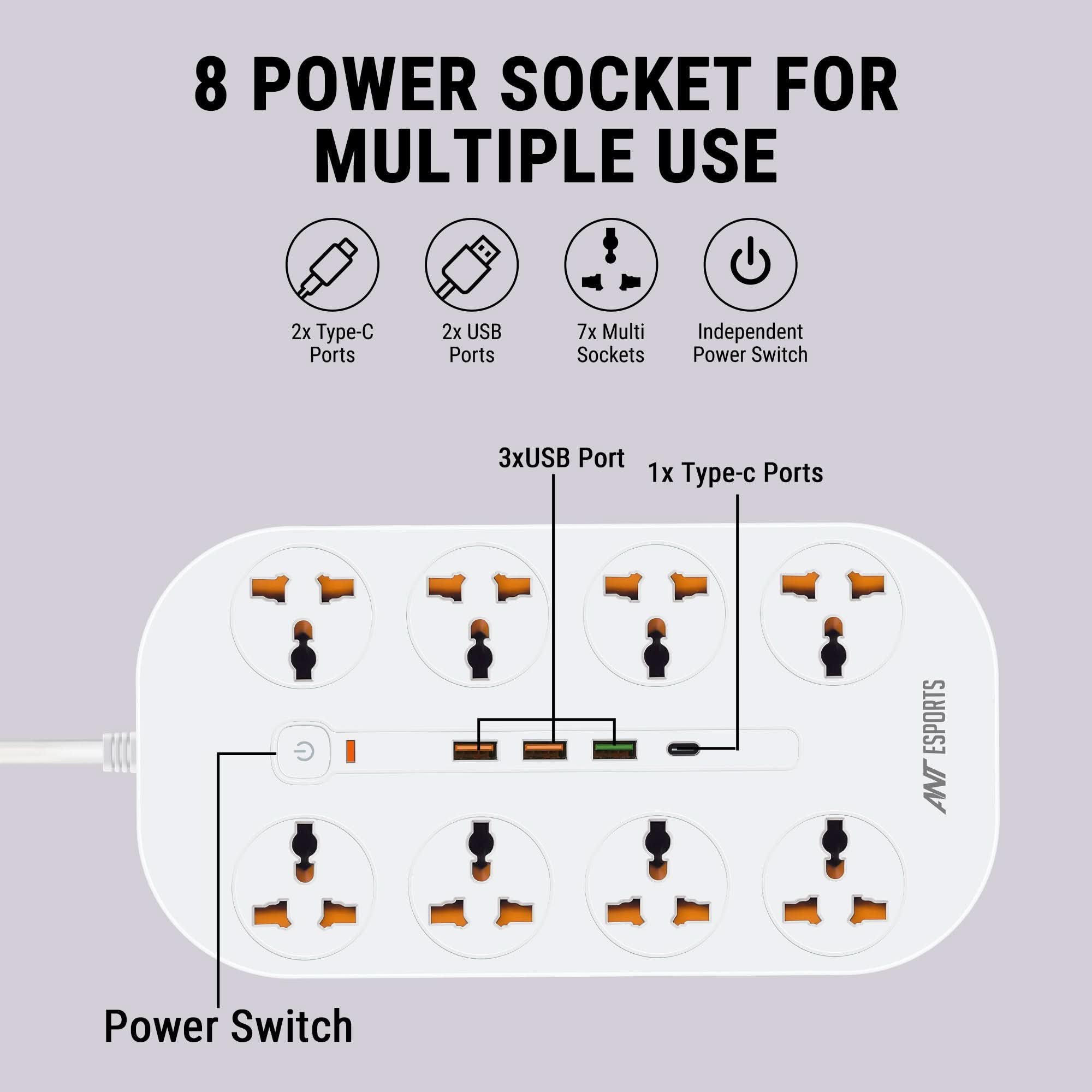 ANT ESPORTS PS831 UNIVERSAL POWER STRIP WITH USB & TYPE C WITH 8 UNIVERSAL SOCKETS, 3 METERS CABLE
