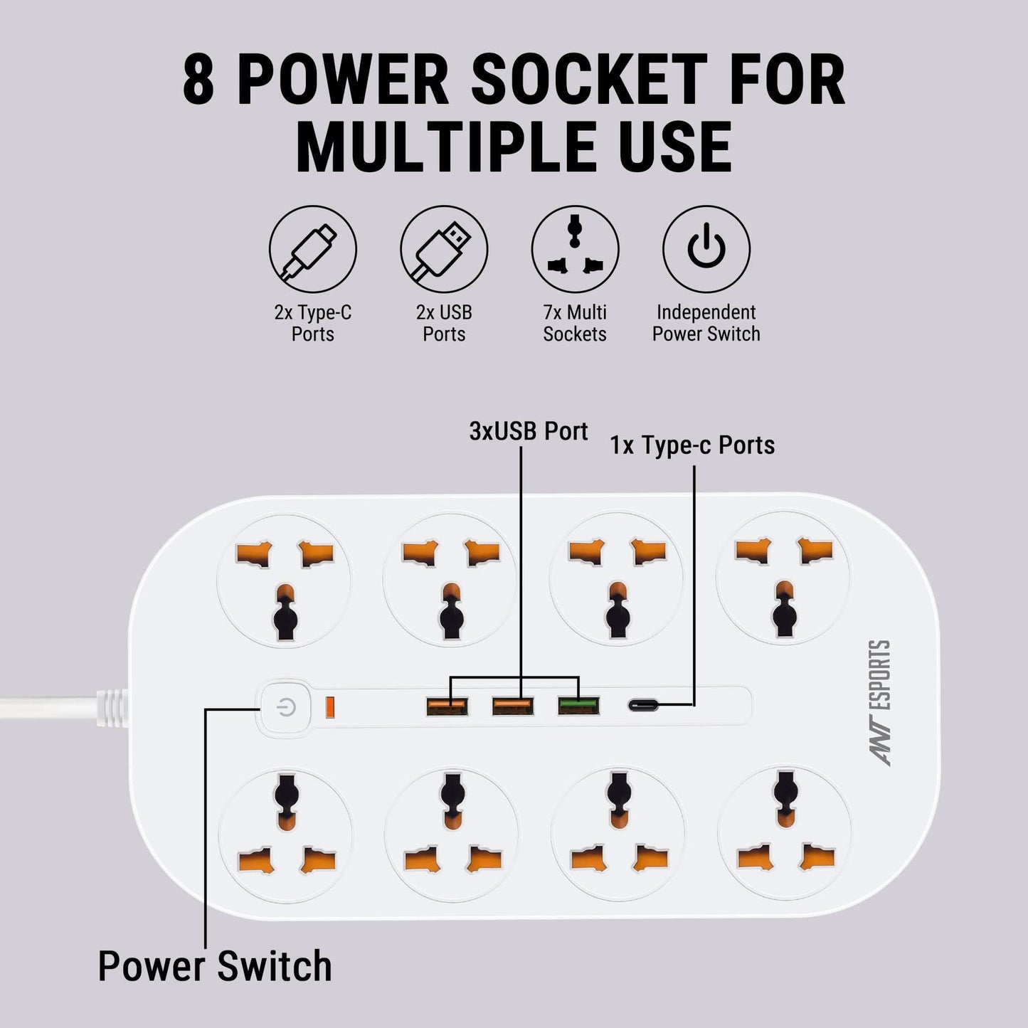 ANT ESPORTS PS831 UNIVERSAL POWER STRIP WITH USB & TYPE C WITH 8 UNIVERSAL SOCKETS, 3 METERS CABLE