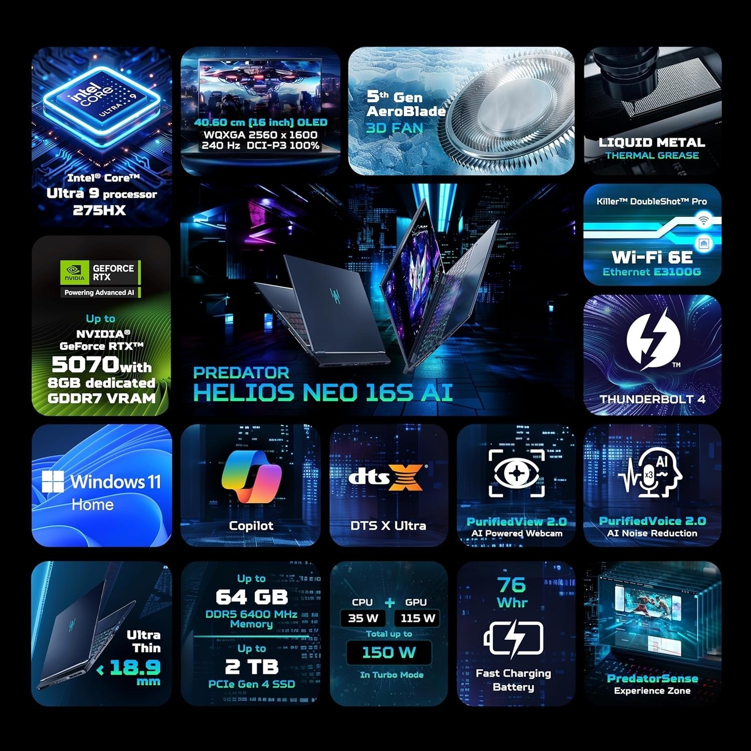ACER PREDATOR HELIOS NEO 16 NH.QX3SI.001 ULTRA9-275HX, 32GB, 2TB SSD, WIN11 HOME, 16.0 Inch, 8GB-RTX5070 GRAPHICS, 1 YEAR(S), BLACK