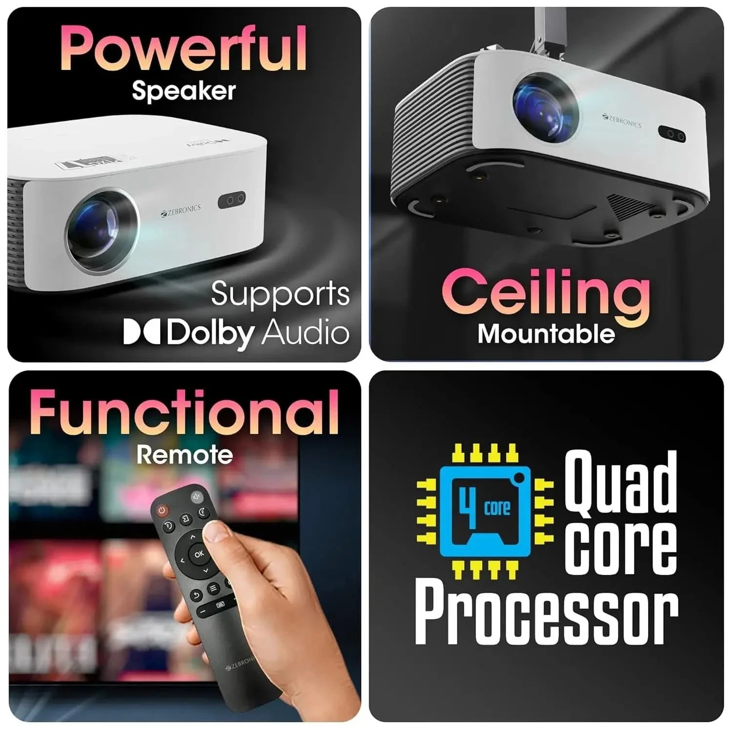 ZEBRONICS PIXAPLAY 17, Smart LED Projector, 6000 Lumens, 4K Support, Dolby Audio, 224 Inch Screen Size, HDMI, USB, WiFi, 1080p Native, APP Support, Miracast, Auto Keystone