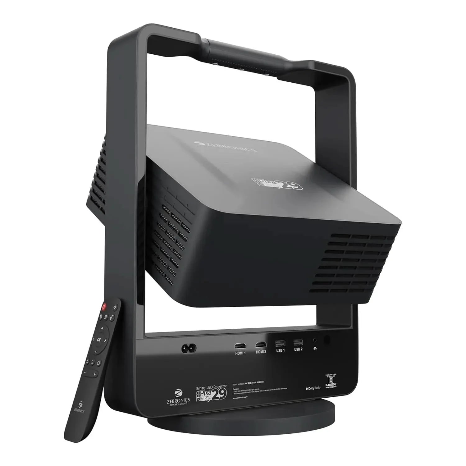 ZEBRONICS PIXAPLAY 29, Smart Projector, 14500 Lumens, Dolby Audio, 4K Support, 200 Inch Screen Size, Supports Bluetooth, HDMI, USB, WiFi, 1080p Native, Auto Focus, Keystone, APP Support, Miracas