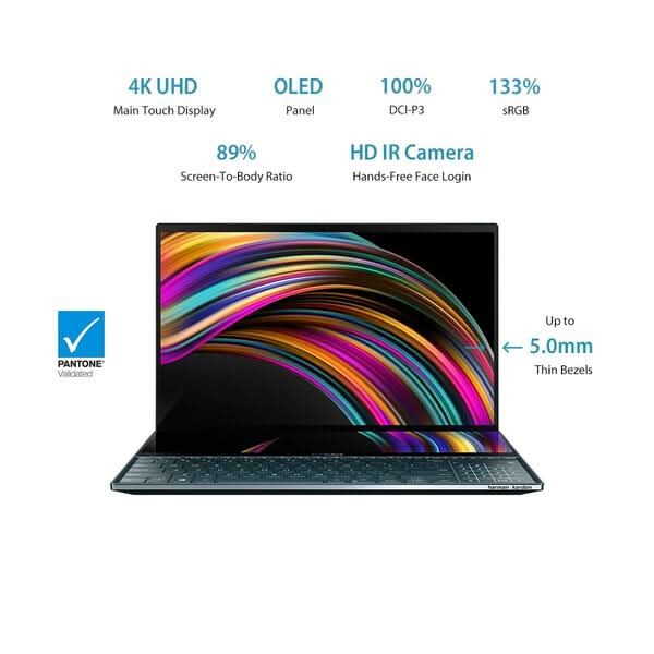ASUS ZENBOOK PRO DUO, INTEL CORE I7 9TH GEN 15.6 INCH 4K UHD OLED TOUCH LAPTOP (32GB RAM/1TB NVME SSD/WINDOWS 10/6GB RTX 2060 GRAPHICS CARD/CELESTIAL BLUE/2.50 KG), UX581GV-HM7201T