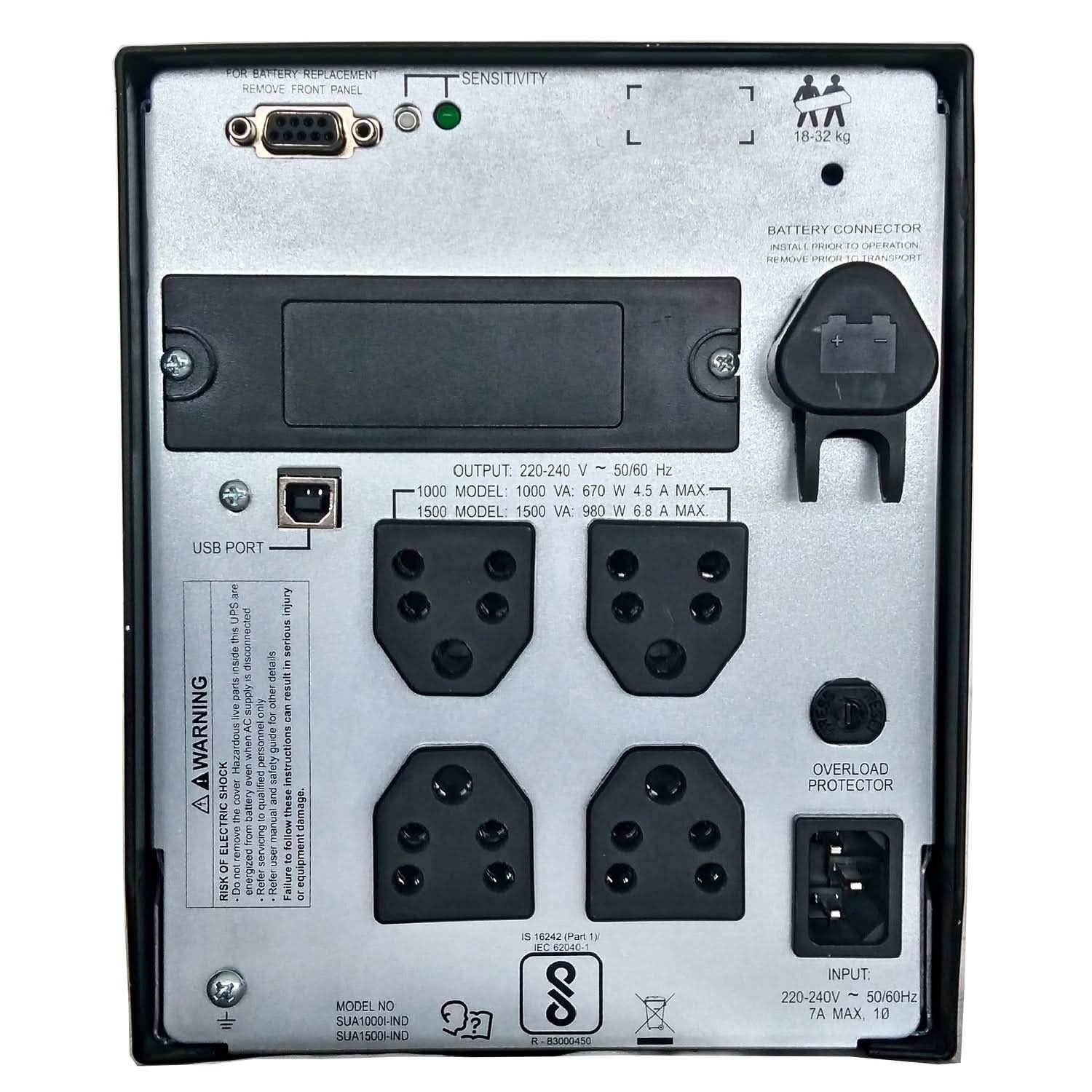 APC SMART-UPS SUA1500I-IND - 1500VA/ 980W | 230V | 4 INDIA 3-PIN 6A OUTLETS | ADVANCED UPS FOR SERVERS AND NETWORK DEVICES | AUTOMATIC VOLTAGE REGULATION | VISUAL LED AND AUDIBLE ALARMS | USER REPLACABLE BATTERY | ENERGY EFFICIENT | 2 YEARS WARRANTY