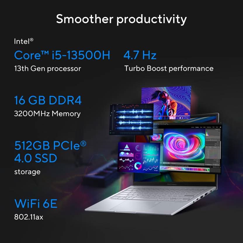 ASUS VIVOBOOK 14X OLED FOR CREATOR, INTEL H SERIES INTEL CORE I5 13TH GEN 13500H - (16 GB/512 GB SSD/WINDOWS 11 HOME/4 GB GRAPHICS/NVIDIA GEFORCE RTX 2050/90 HZ/50 TGP) K3405VFB-KM542WS GAMING LAPTOP (14 INCH, COOL SILVER, 1.40 KG, WITH MS OFFICE)