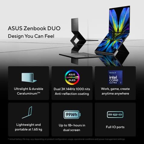 ASUS Zenbook Duo, Dual Screen AI Laptop, Intel Core Ultra 7 355 32GB, 1TB, Intel Graphics, 35.56 cm (14) OLED Touch 3K, Windows 11 Home, Office Home 2024 + M365 Basic (1 Year Validity) UX8407AA-SN183WS