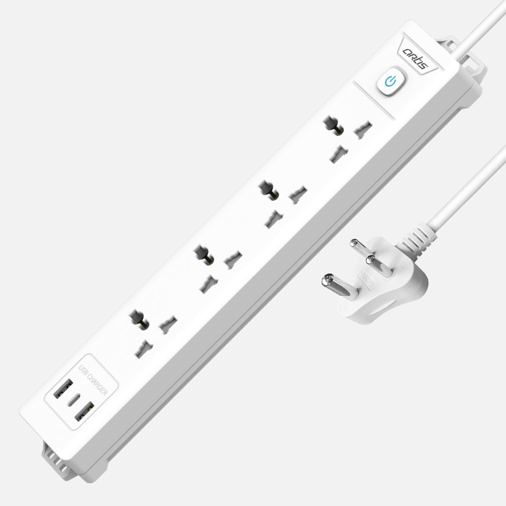 AR-4SS-USB 4 Universal Sockets with 2 USB-A & USB-C Port single switch surge protector (White, 2 m)