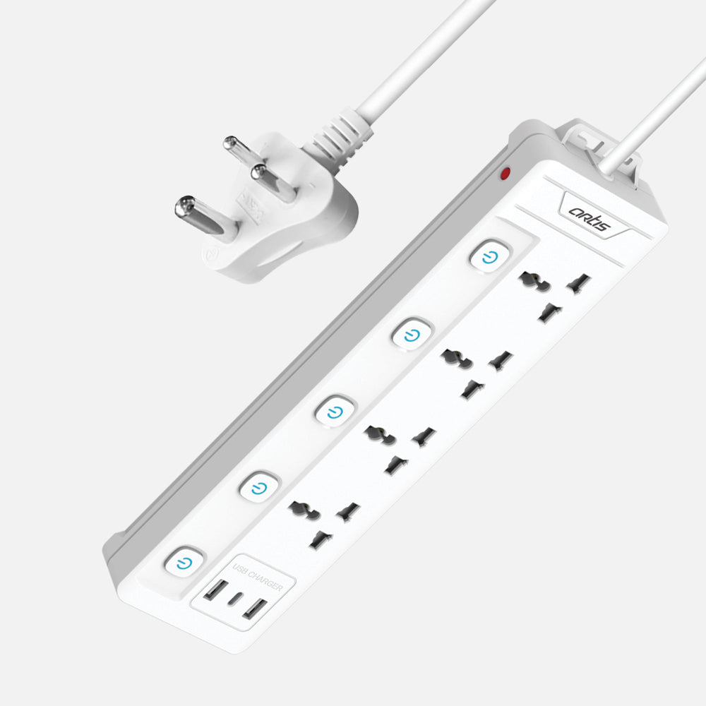 4MS-USBC 4 Universal Multi Switch Sockets with 2 USB-A & USB-C Port Surge protector (White, 2 m)