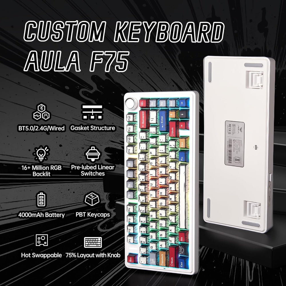 AULA F75 75% RGB Tri Mode Wireless Mechanical Gaming Keyboard ( Comic Keycap-Reaper Switch )