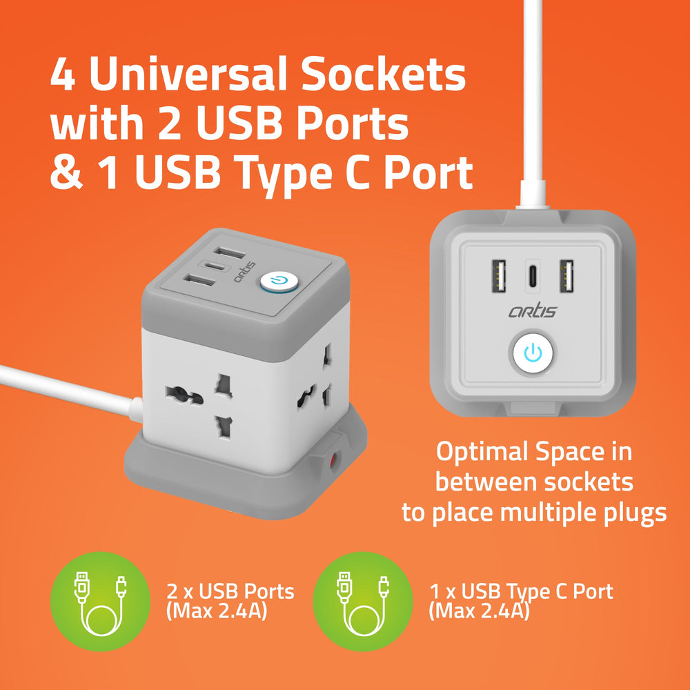 AR-4SS-3USBCB 4 Universal Sockets with 2 USB Ports & 1 USB Type C Port Surge Protector