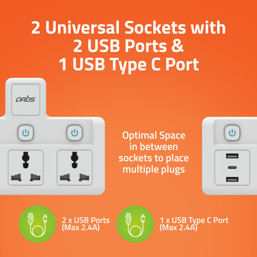 2MS-3USBC 2 Universal Sockets with 2 USB Ports & 1 USB Type C Port with Multi Switch & surge Protector