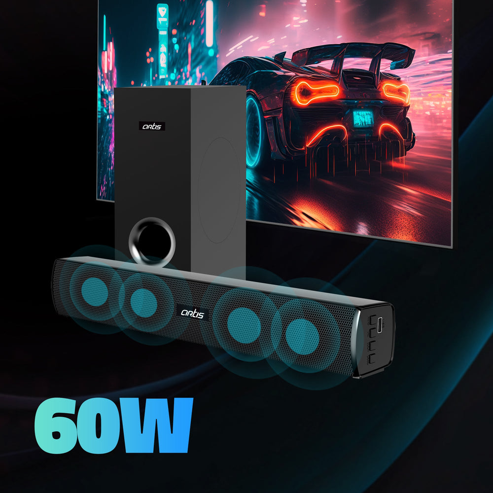 SoundHub 110 60W 2.1 CH Wireless BT Soundbar With Wired Subwoofer, 2 Driver Units & Modes: Bluetooth / HDMI (ARC) / AUX In / USB Input.