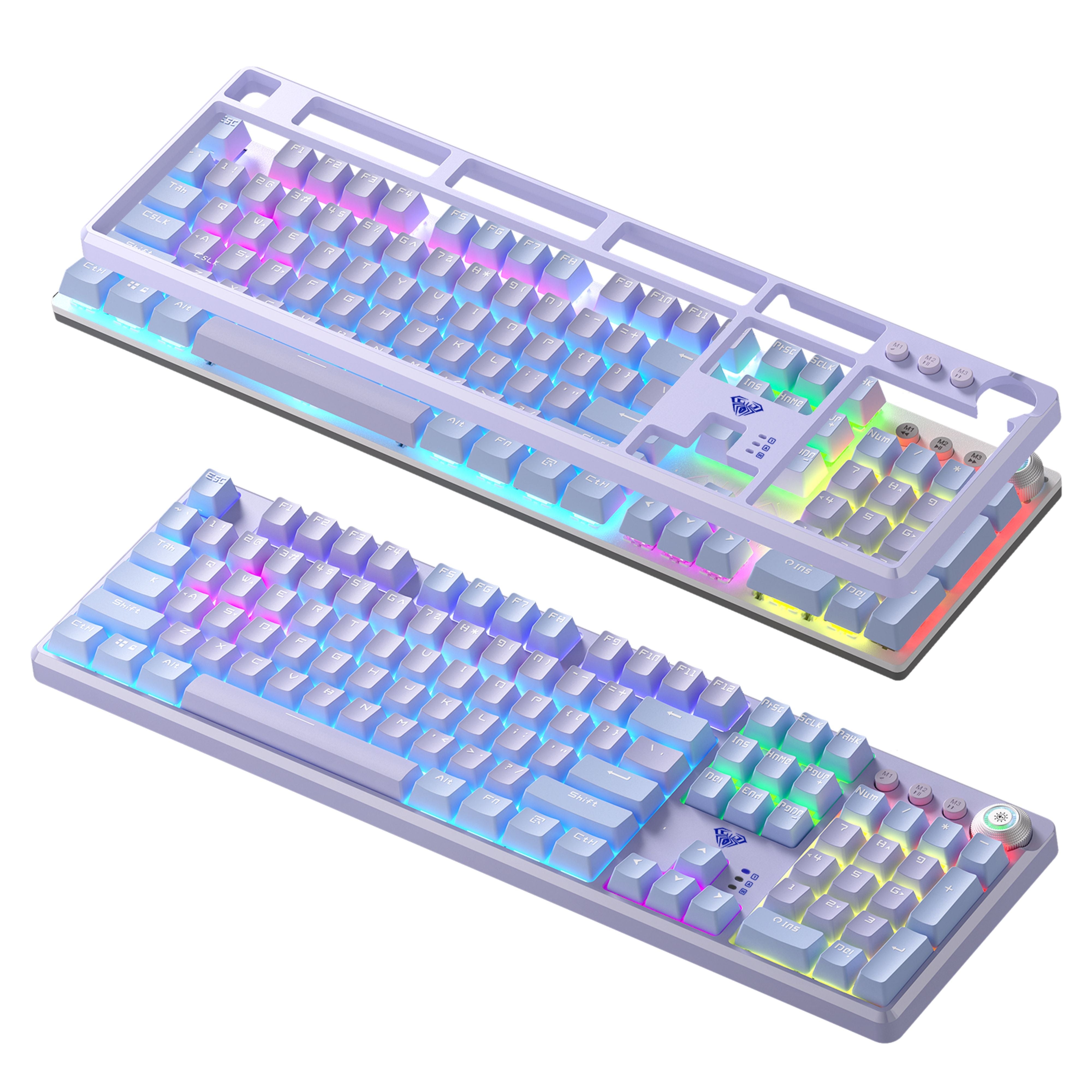 AULA F2088PRO FULL SIZE USB WIRED MECHANICAL GAMING KEYBOARD WITH MEDIA KNOB | RGB RAINBOW BACKLIT, REMOVABLE UPPER COVER, 108 PROGRAMMABLE KEYS KEYBOARDS FOR MAC/WINDOWS | PURPLE, RED SWITCHES