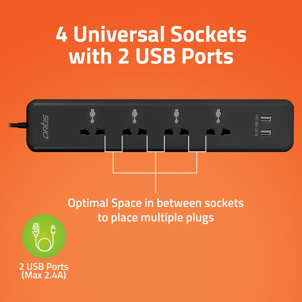 AR-4SSU-CB 4 Universal Sockets & 2 USB Surge Protector with Single Switch