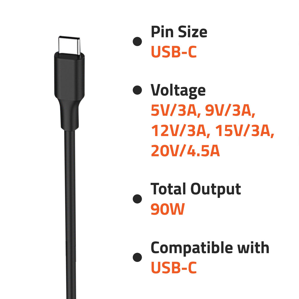 AR0907 90 Watt Laptop Charger/Adapter with Power Cord Compatible with USB-C Laptops (5V/3A, 9V/3A, 12V/3A, 15V/3A, 20V/4.5A, Pin: USB-C)