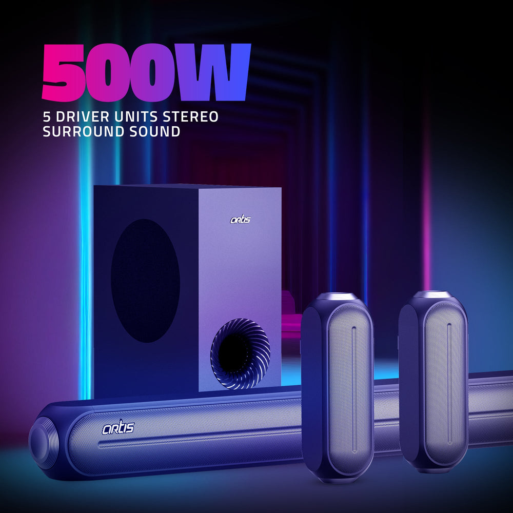 SoundHub 510 500W 5.1 Channel wireless Bluetooth Sound bar with wired Subwoofer & 2 Satellite speaker, 3 EQ Presets, 5 Driver units & Input Modes: Bluetooth/HDMI(ARC)/AUX in/COAXIAL/OPTICAL/USB Input/Subwoofer input/ Satellite input