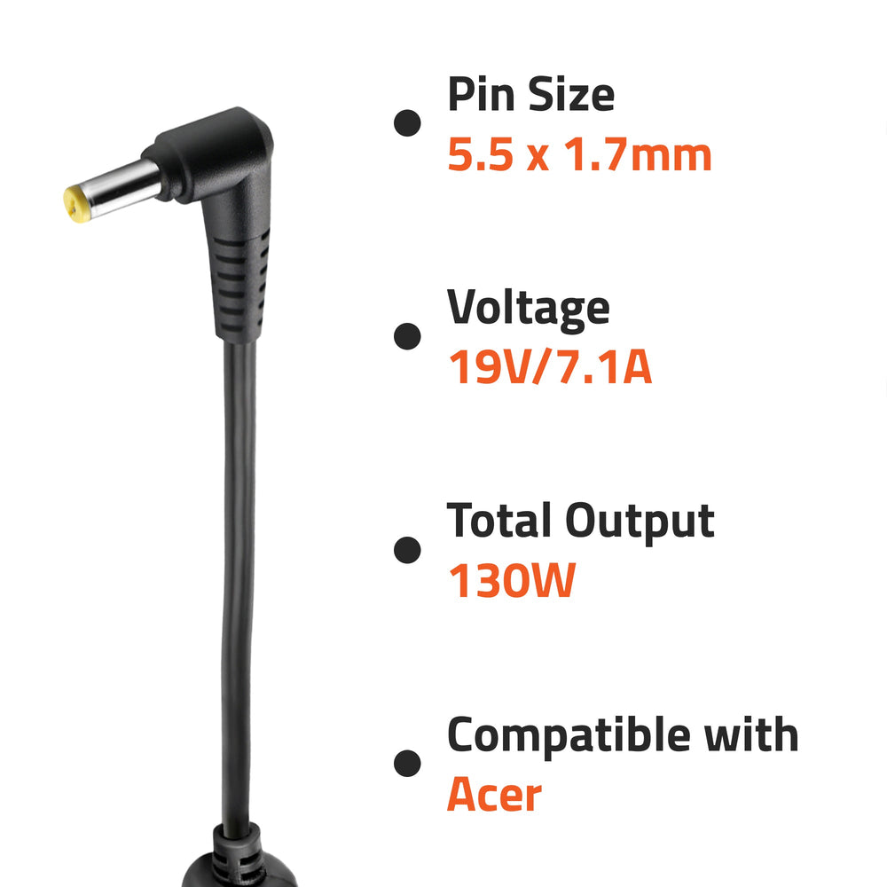 AR1203 130 Watt Laptop Charger/Adapter with Power Cord Compatible with Acer Laptops (19V/7.1A, Pin: 5.5 x 1.7 mm)