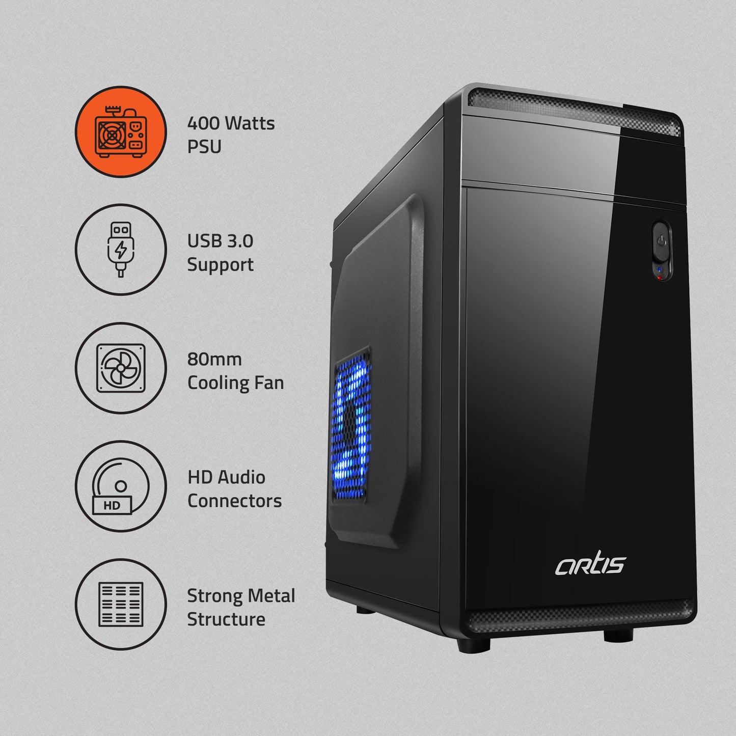 GLAZE 3.0 Computer Cabinet Support Micro ATX Motherboard,1 x 80mm Fan with 400W Power Supply