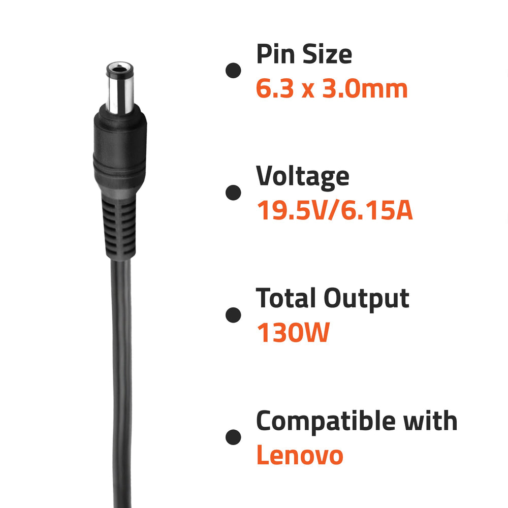 AR1204 130 Watt Laptop Charger/Adapter with Power Cord Compatible with Lenovo Laptops (19.5V/6.15A, Pin: 6.3 x 3.0 mm)