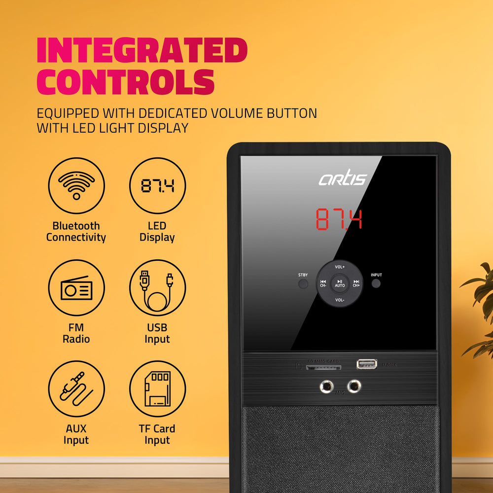 SoundHub 400 Bluetooth Tower Speaker with Bluetooth/HDMI/AUX in/Optical/USB Input /TF card Input/FM /wireless mic and wireless remote (Black ) (200W RMS Output )