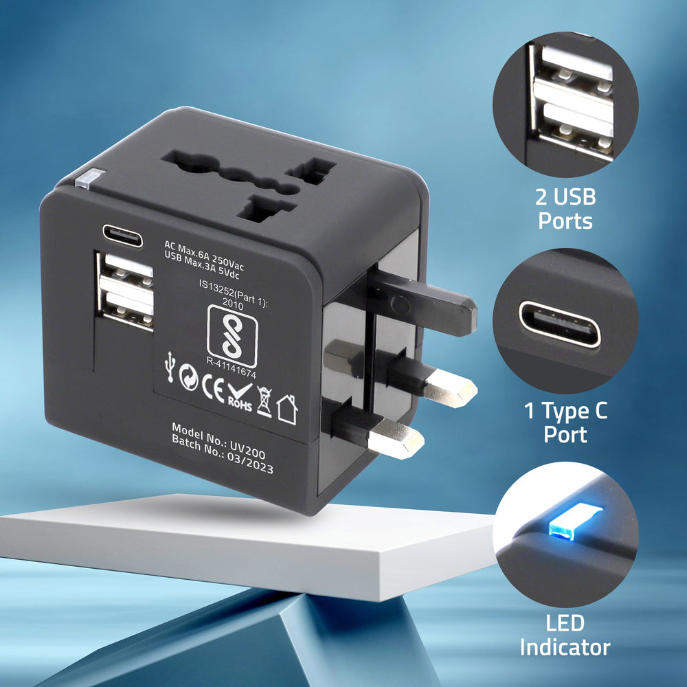 UV200 Universal Travel Adapter with 2 USB Ports & 1 Type C Port