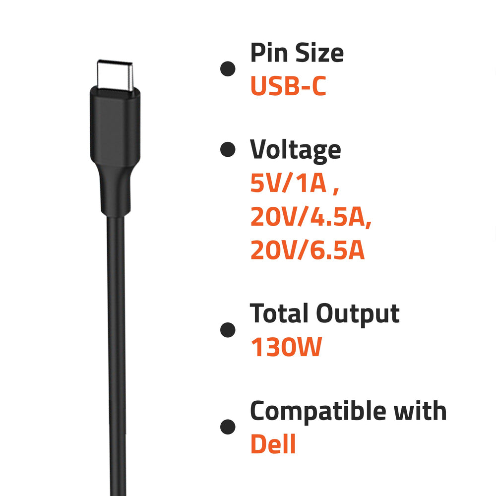 AR1207 130Watt Laptop Charger/Adapter with Power Cord Compatible with Dell Laptops (5V/1A, 20V/4.5A, 20V/6.5A, Pin: USB-C)