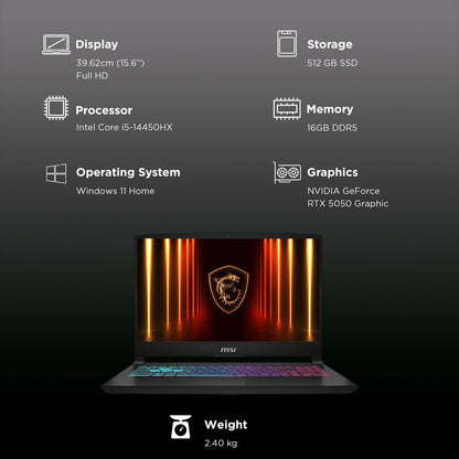 MSI Katana 15 HX B14WEK-642IN Intel Core i5 14th Gen Gaming Laptop 16GB, 512GB SSD, Windows 11 Home, 8GB Graphics, 15.6 inch 144 Hz Full HD Display, NVIDIA GeForce RTX 5050, MS Office Home 2024, Black, 2.55 KG