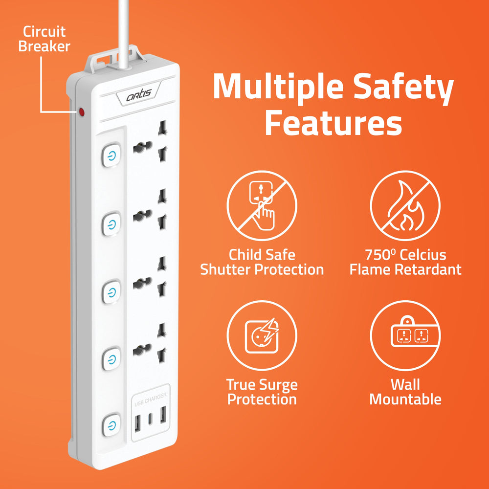 4MS-USBC 4 Universal Multi Switch Sockets with 2 USB-A & USB-C Port Surge protector (White, 2 m)