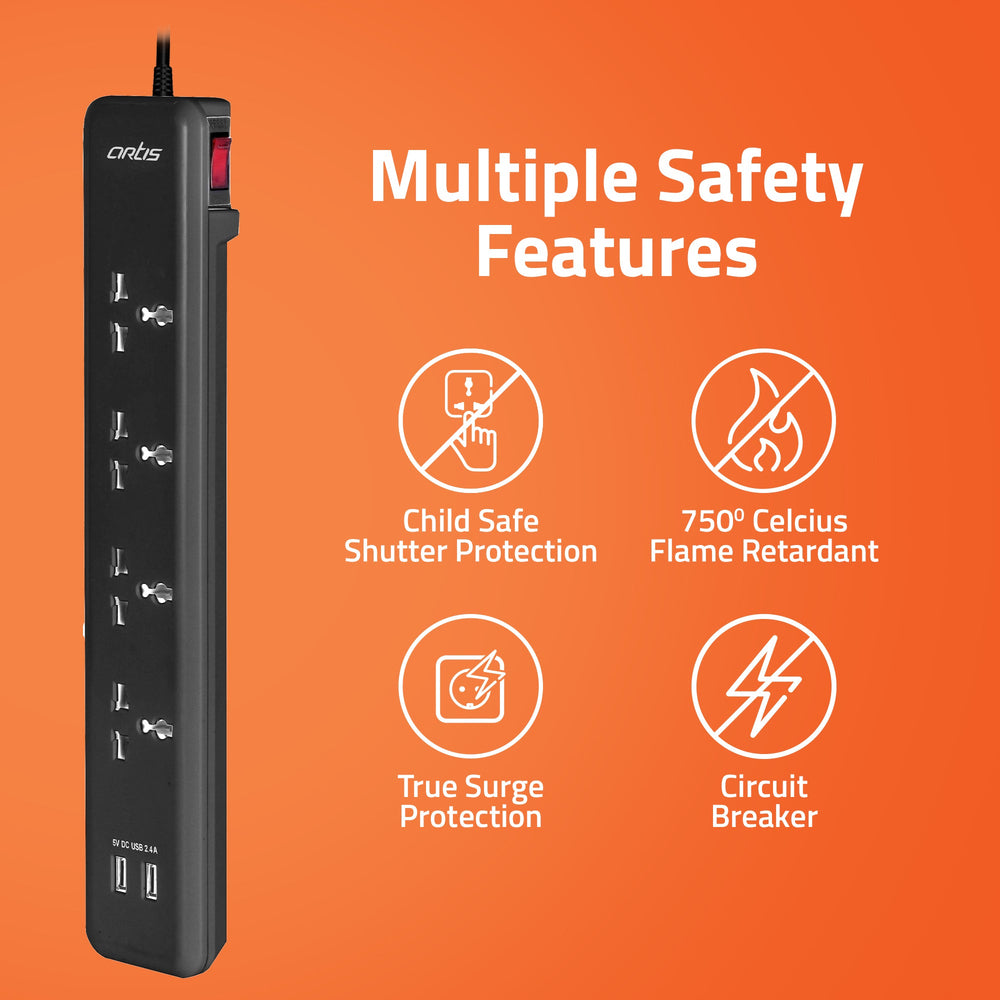AR-4SSU-CB 4 Universal Sockets & 2 USB Surge Protector with Single Switch