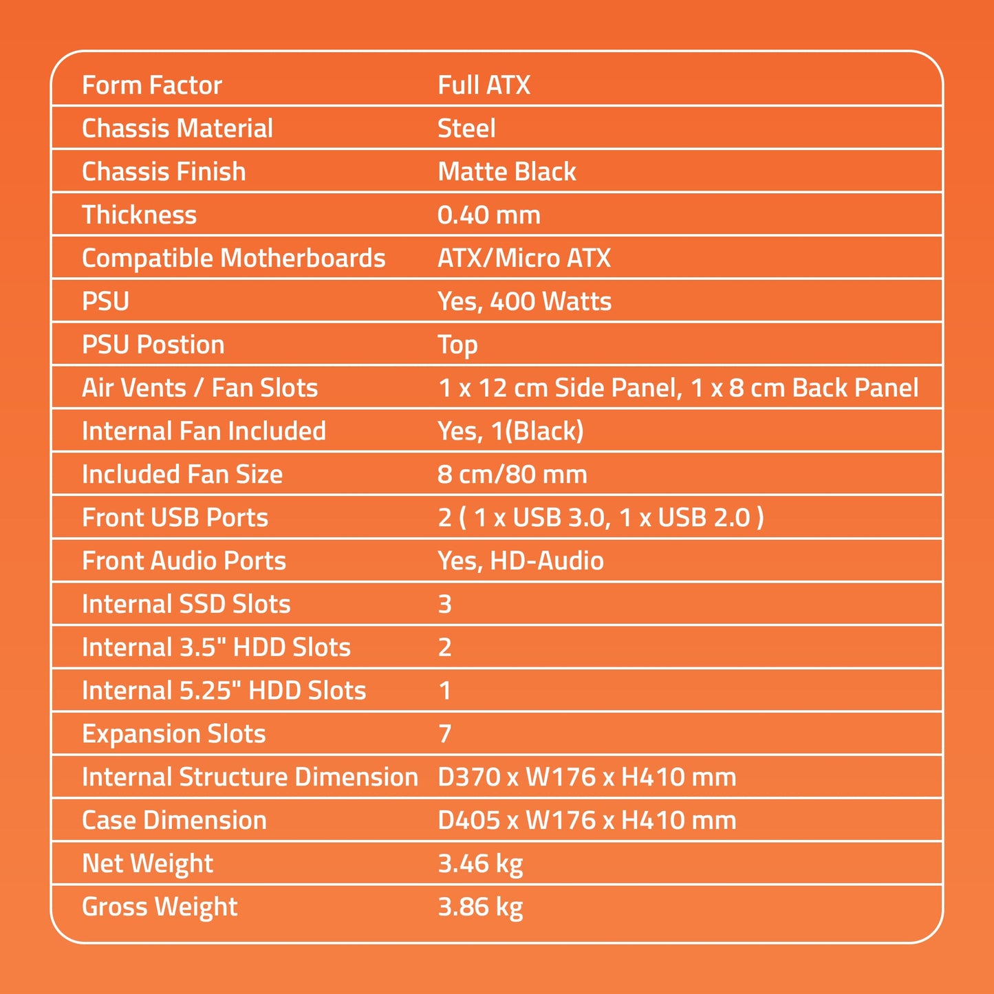 Delight 3.0 Computer Cabinet Support Full ATX/ Micro ATX Motherboard,1 x 80mm Fan with 400W Power Supply