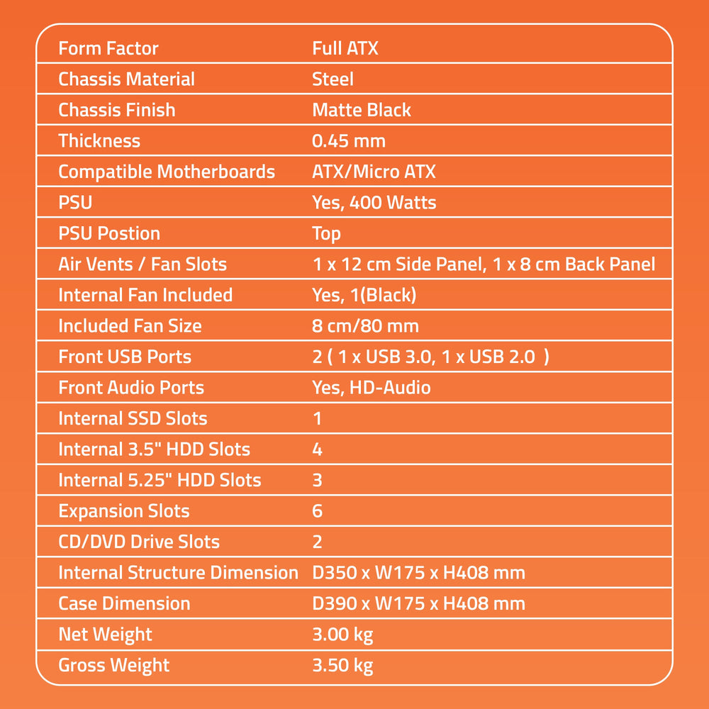 507 3.0 Computer Cabinet Support Full ATX/ Micro ATX Motherboard,1 x 80mm Fan with 400W Power Supply