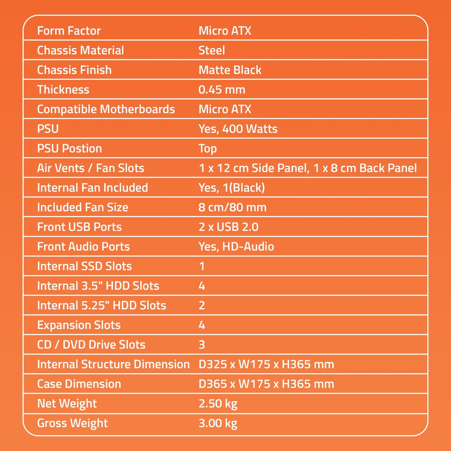 Spirit 2.0 Computer Cabinet Support Micro ATX Motherboard, 1 x 80mm Fan with 400W Power Supply