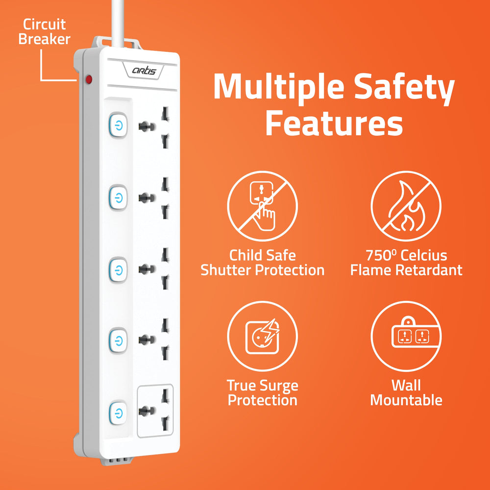 AR-5MS 5 Universal Sockets with Multi Switch Surge Protector
