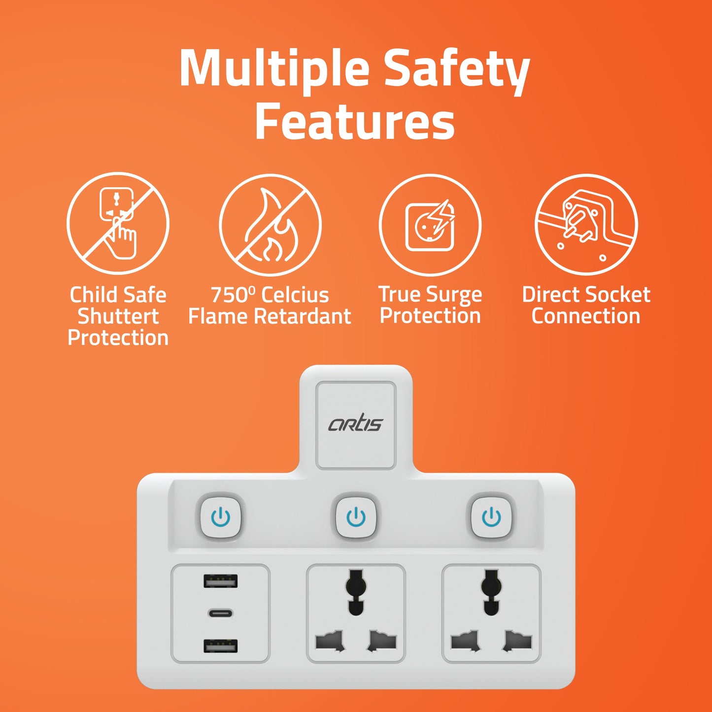 2MS-3USBC 2 Universal Sockets with 2 USB Ports & 1 USB Type C Port with Multi Switch & surge Protector