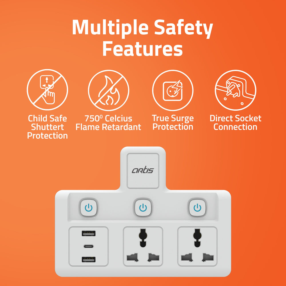 2MS-3USBC 2 Universal Sockets with 2 USB Ports & 1 USB Type C Port with Multi Switch & surge Protector