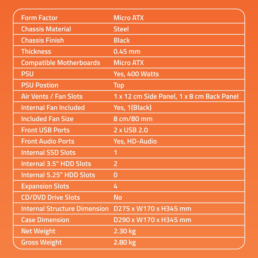 2720 2.0 Computer Cabinet Support Micro ATX Motherboard, 1 x 80mm Fan with 400W Power Supply