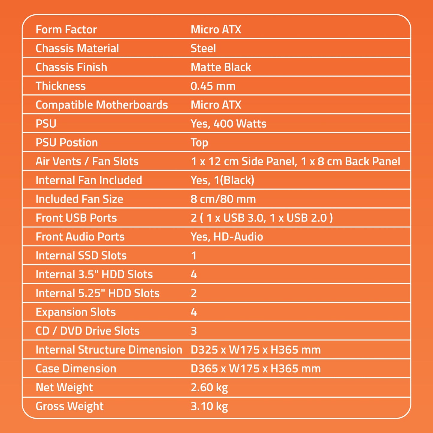 Spirit 3.0 Computer Cabinet Support Micro ATX Motherboard,1 x 80mm Fan with 400W Power Supply