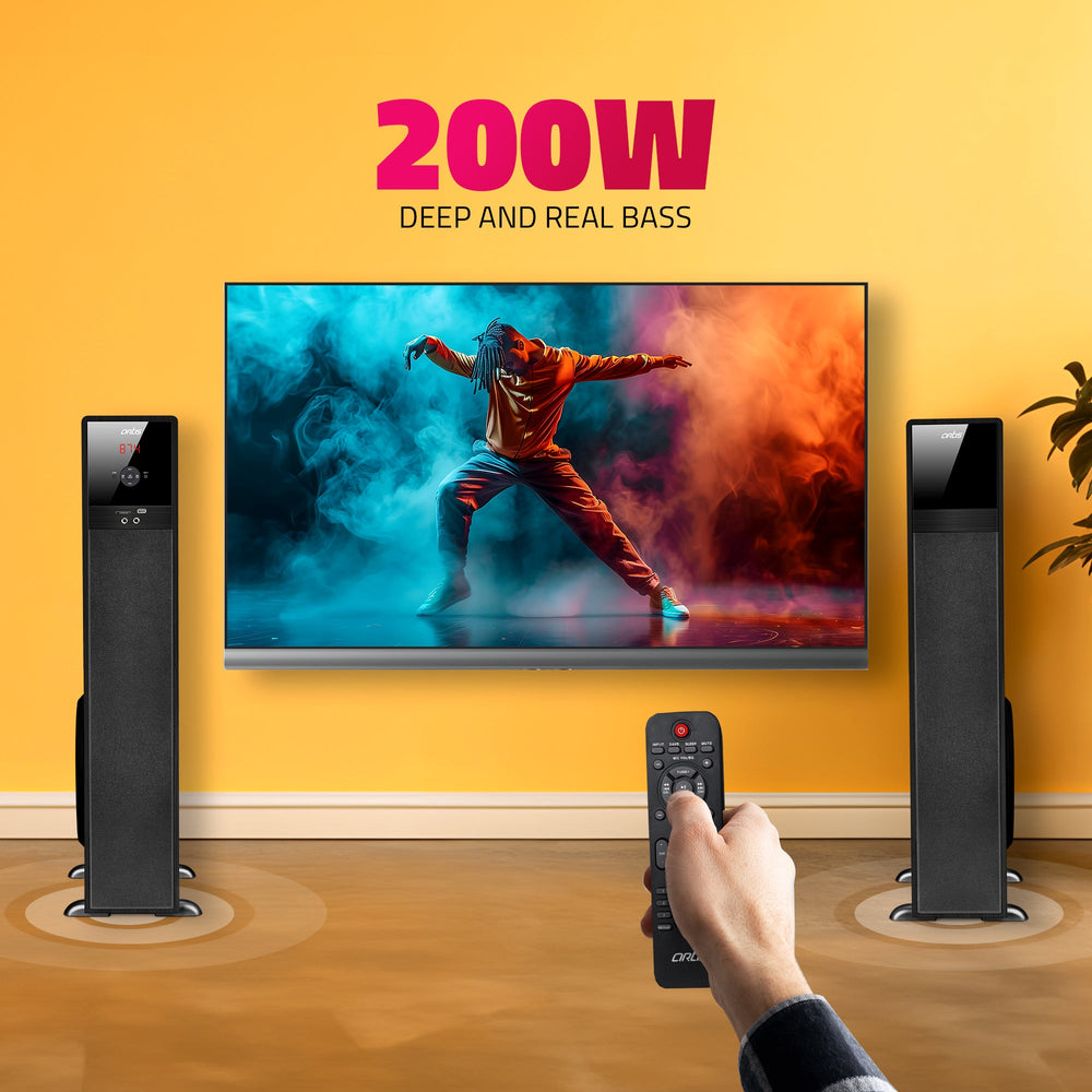 SoundHub 400 Bluetooth Tower Speaker with Bluetooth/HDMI/AUX in/Optical/USB Input /TF card Input/FM /wireless mic and wireless remote (Black ) (200W RMS Output )