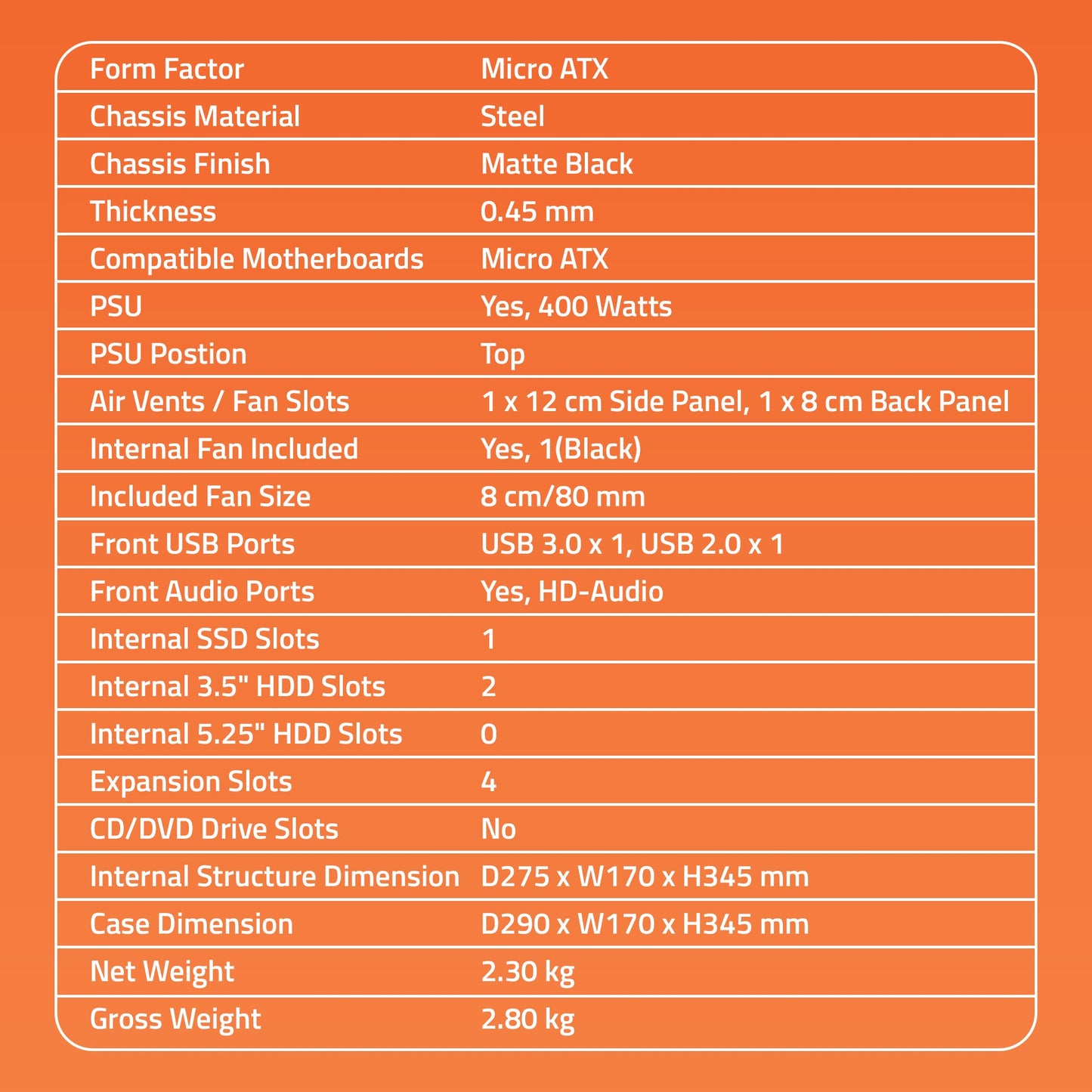 2520 3.0 C Computer Cabinet Support Micro ATX Motherboard, 1 x 80mm Fan with 400W power Supply