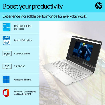 HP 15S-FQ5185TU [CI3-1215U 12TH GEN/8GB/512GB SSD/WIN11 HOME+MSO/15.6 INCH/INTEGRATED GRAPHICS /1 YEAR(S)/SILVER]