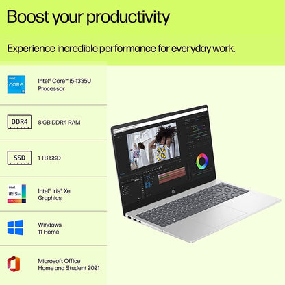 HP 15-FD0012TU [CI5-1335U 13TH GEN/8GB DDR4/1TB SSD/WIN 11 HOME +MSO/15.6 INCH/INTEGRATED GRAPHICS /1 YEAR(S)/SILVER]