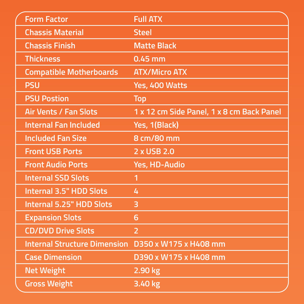 507 2.0 Computer Cabinet Support Full ATX/ Micro ATX Motherboard, 1 x 80mm Fan with 400W Power Supply