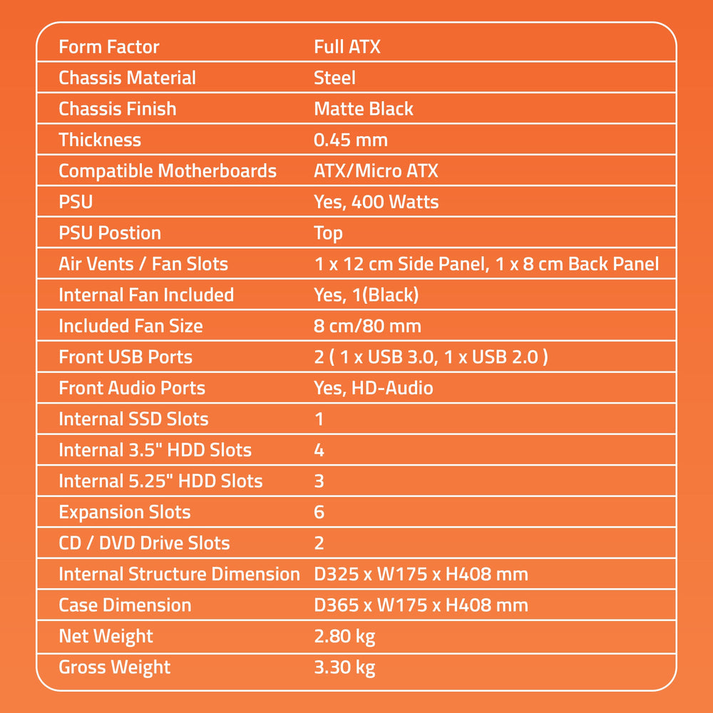 ZEAL 3.0 Computer Cabinet Support Full ATX/ Micro ATX Motherboard,1 x 80mm Fan with  400W Power Supply